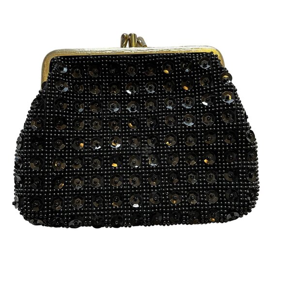 Little Black Evening Coin Purse Women Bag Beaded Sequence u Party Clutch Double - Picture 1 of 3